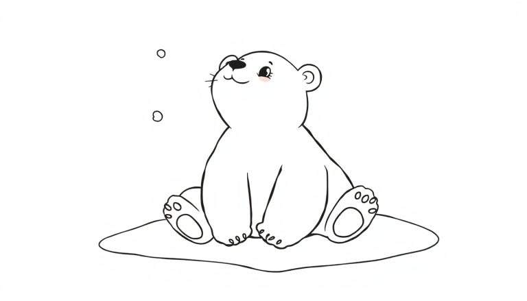 Un oso polar de dibujos animados con mejillas rosadas sentado sobre un trozo de hielo, con dos burbujas flotando cerca. Placa de color para colorear.