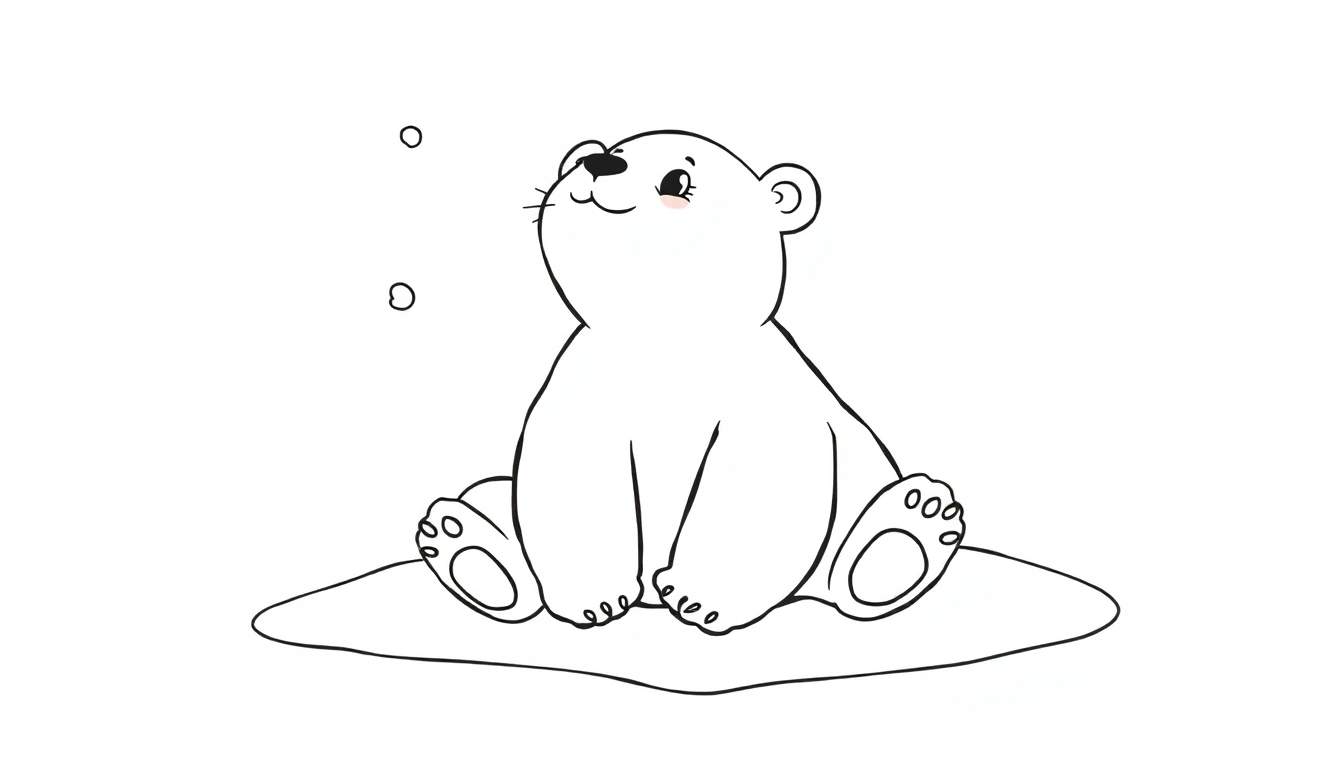 Un oso polar de dibujos animados con mejillas rosadas sentado sobre un trozo de hielo, con dos burbujas flotando cerca. Placa de color para colorear.