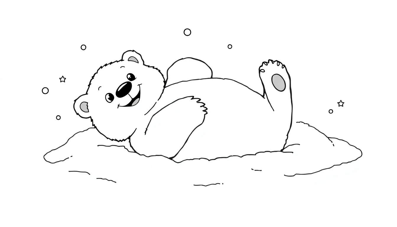 Placa de color para colorear de un oso polar feliz acostado en la nieve, rodeado de círculos y estrellas.
