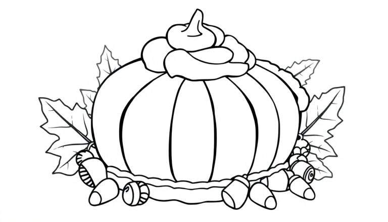 Una placa de color de una calabaza feliz con hojas de arce y bellotas, y un remolino de crema batida encima.