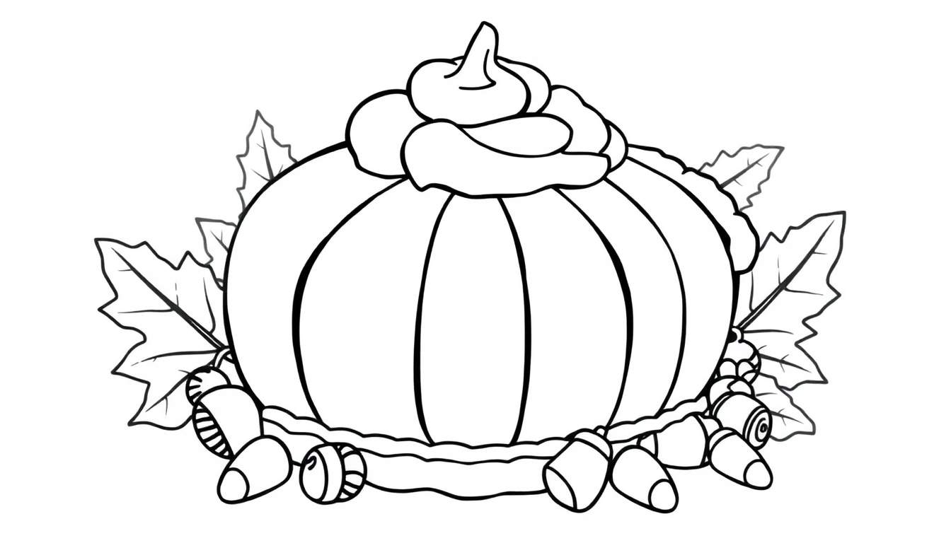 Una placa de color de una calabaza feliz con hojas de arce y bellotas, y un remolino de crema batida encima.