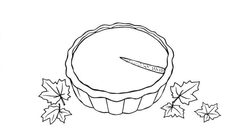 Un dibujo lineal en blanco y negro de un pastel de calabaza con una porción faltante, rodeado de hojas de arce, listo para ser coloreado. Una placa de color para la diversión.