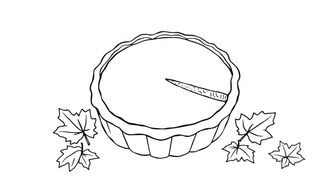 Un dibujo lineal en blanco y negro de un pastel de calabaza con una porción faltante, rodeado de hojas de arce, listo para ser coloreado. Una placa de color para la diversión.