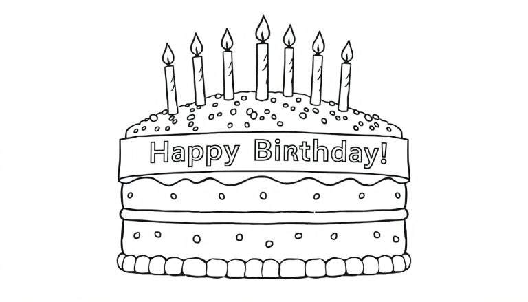 Placa de color de un pastel de cumpleaños de varios niveles con velas encendidas y un cartel de ¡Feliz Cumpleaños!