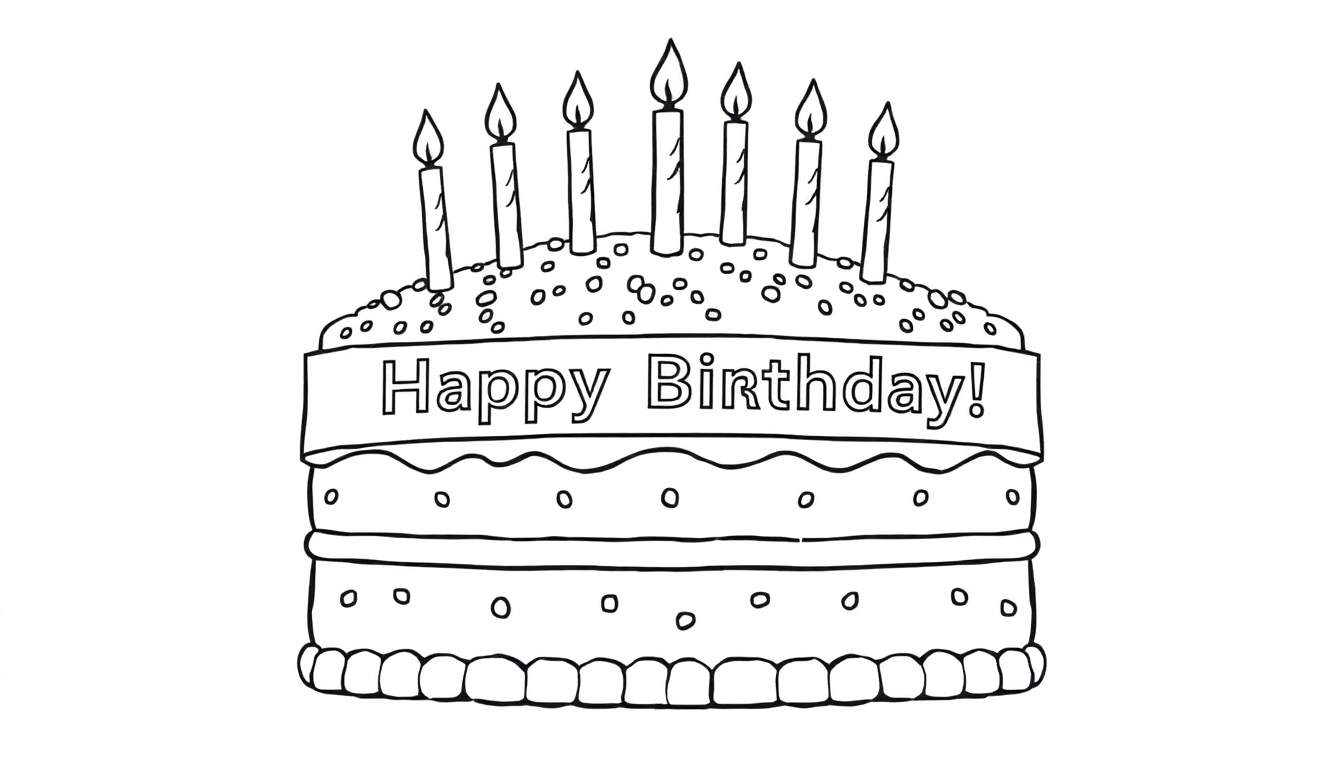 Placa de color de un pastel de cumpleaños de varios niveles con velas encendidas y un cartel de ¡Feliz Cumpleaños!