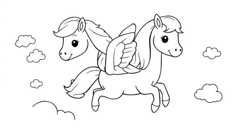 Dos caballos alados de dibujos animados volando juntos, listos para colorear en una placa de color.