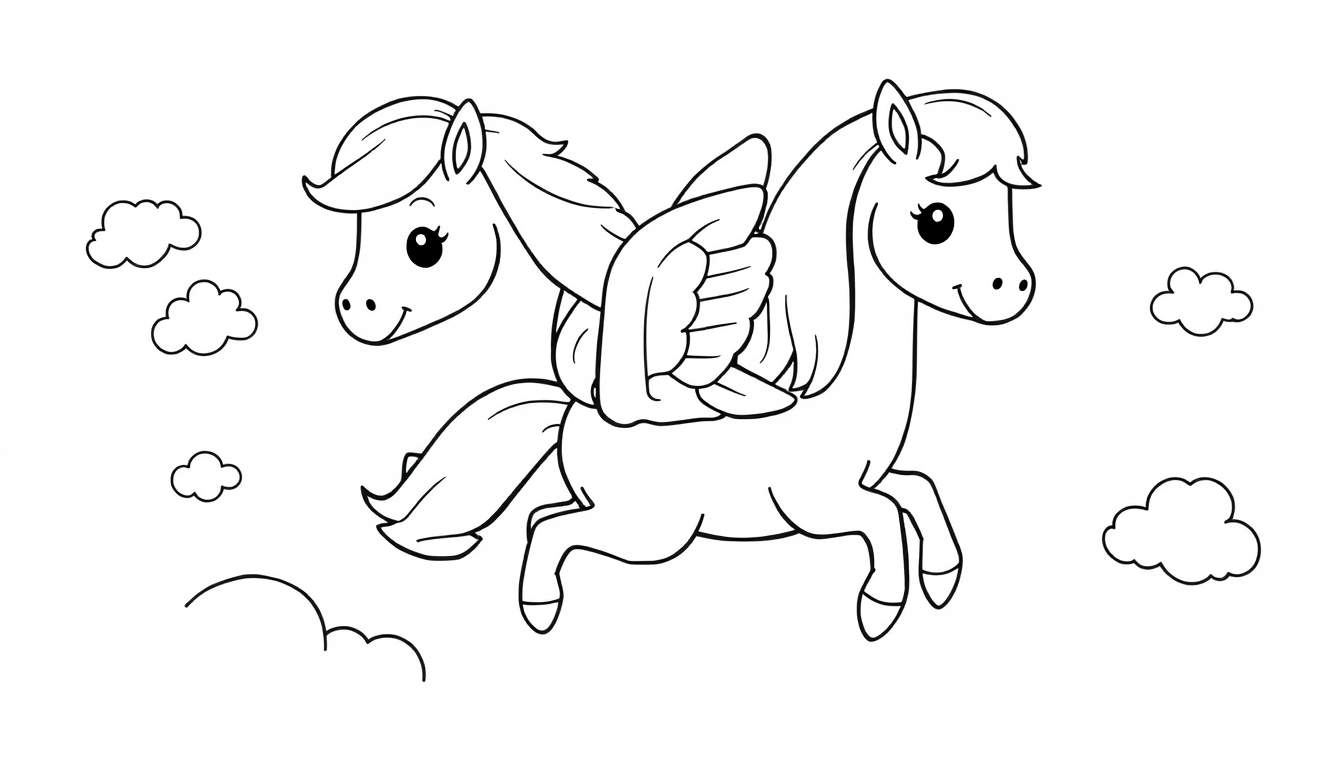 Dos caballos alados de dibujos animados volando juntos, listos para colorear en una placa de color.