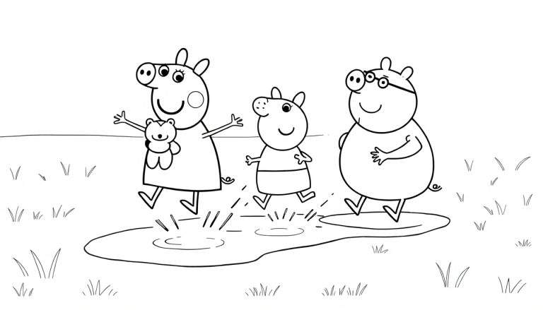 Placa de color de Peppa Pig y su familia saltando en un charco.