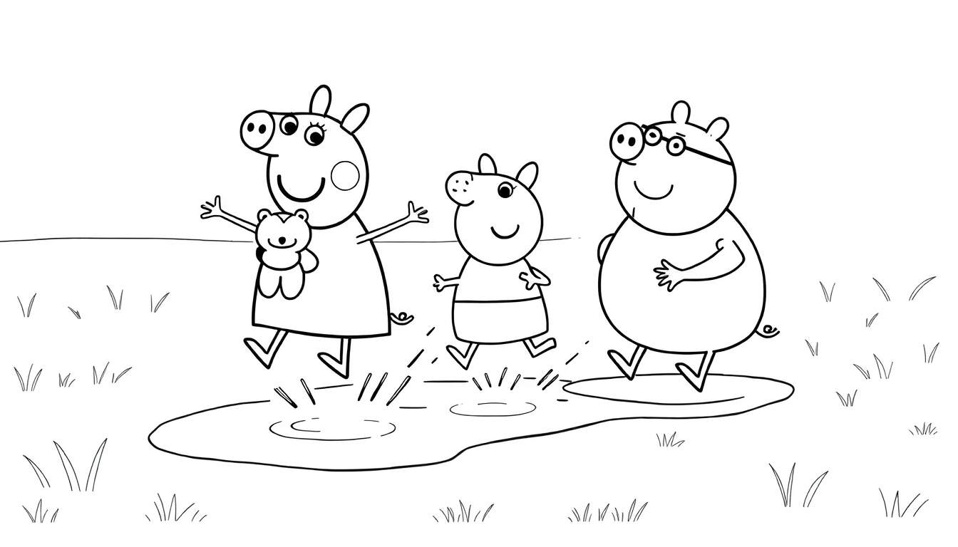 Placa de color de Peppa Pig y su familia saltando en un charco.