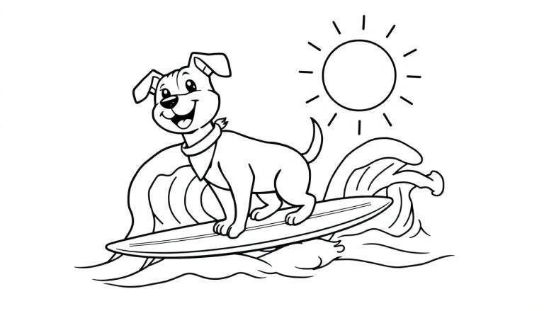 Placa de color: un perro de dibujos animados surfeando una ola alegremente con un pañuelo.