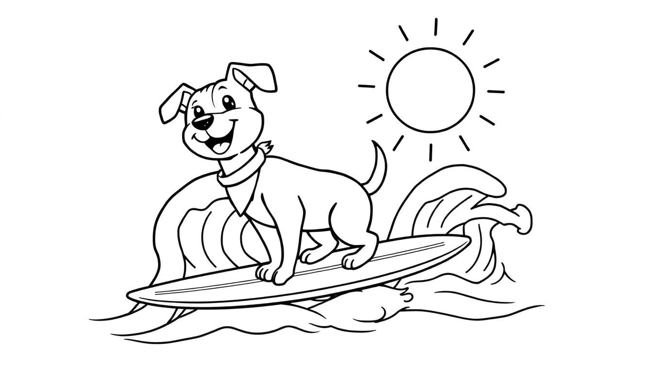 Placa de color: un perro de dibujos animados surfeando una ola alegremente con un pañuelo.