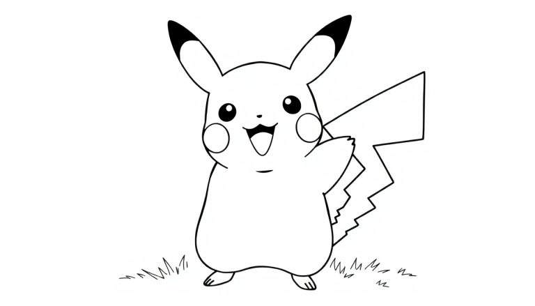 Placa de color de Pikachu sonriente listo para colorear.