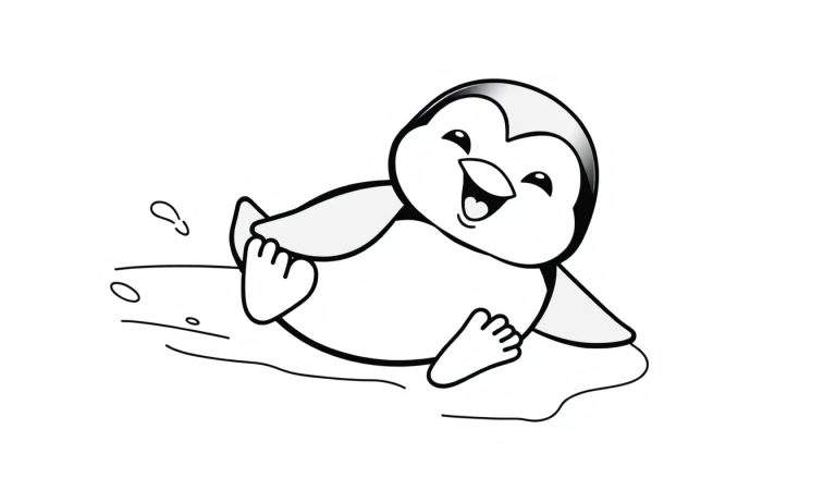 Dibujo de un pingüino de dibujos animados feliz deslizándose de espaldas sobre hielo, listo para ser coloreado. Es una placa de color para niños.