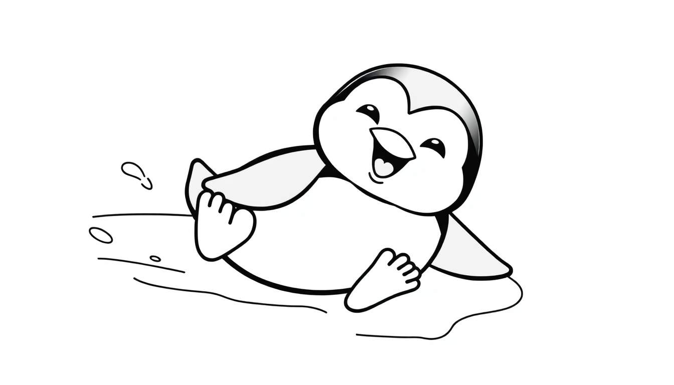 Dibujo de un pingüino de dibujos animados feliz deslizándose de espaldas sobre hielo, listo para ser coloreado. Es una placa de color para niños.