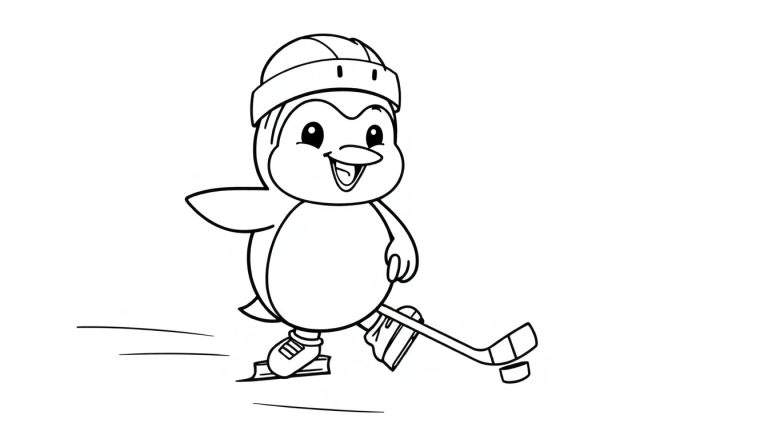 Un pingüino de dibujos animados con casco y patines juega al hockey sobre hielo con un palo y un disco, con una gran sonrisa.