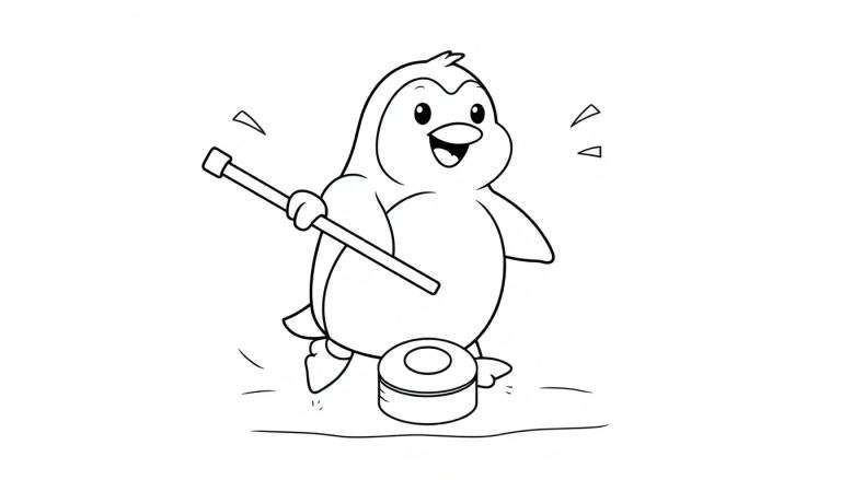 Una placa de color de un pingüino de dibujos animados jugando al curling.