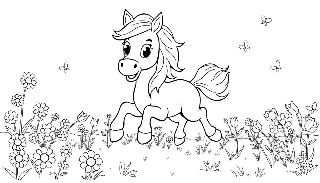 Un potro de dibujos animados corriendo en un campo de flores, listo para colorear en la placa de color.