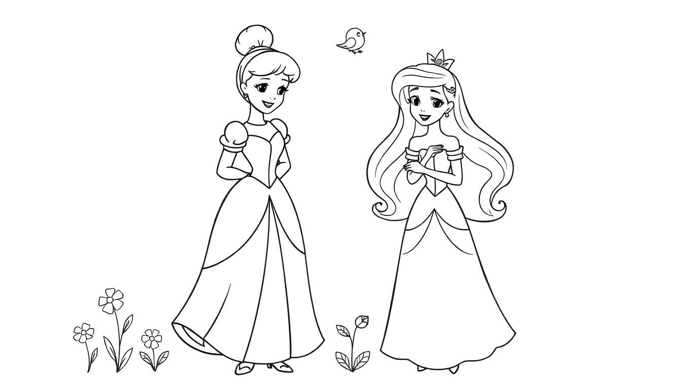 Placa de color de dos princesas de dibujos animados con un pájaro y flores.