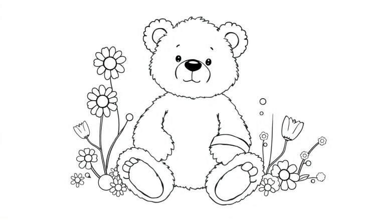 Un osito de peluche tierno con un vendaje en la pata, rodeado de flores simples, listo para ser coloreado. Placa de color.