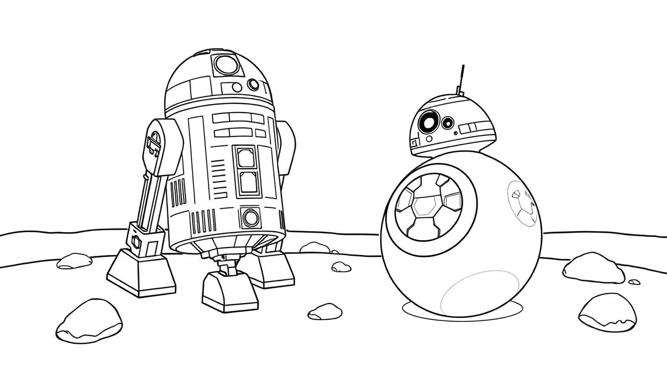 Placa de color de R2-D2 y BB-8 en un planeta desértico.