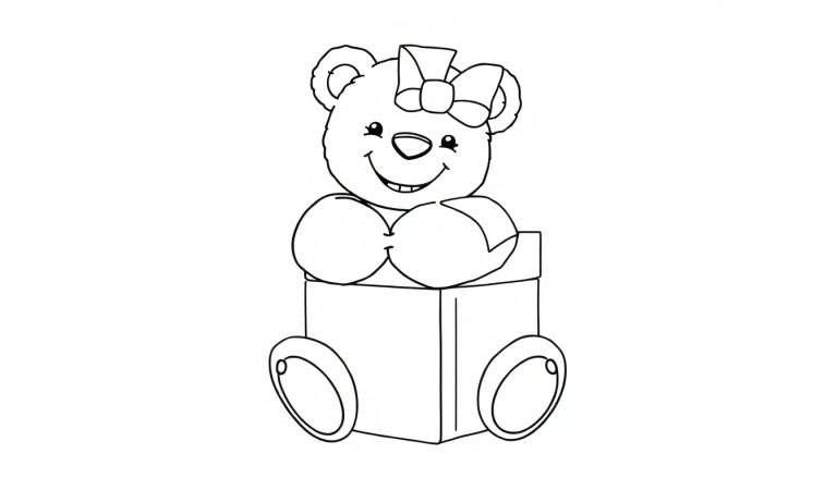 Placa de color: un oso de peluche sonriente sentado sobre una caja de regalo con ruedas.