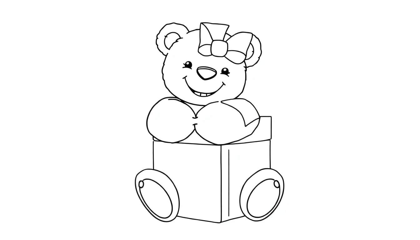 Placa de color: un oso de peluche sonriente sentado sobre una caja de regalo con ruedas.