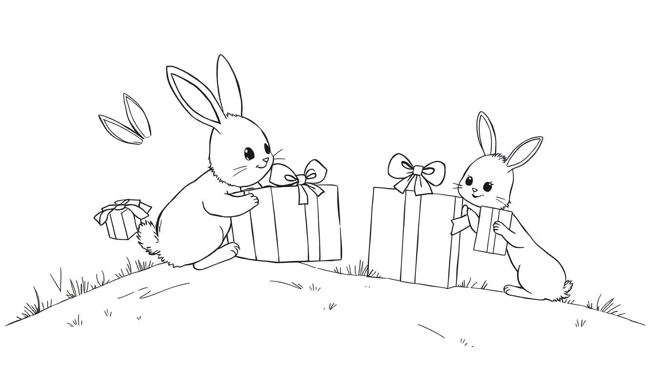 Placa de color de dos conejos felices con regalos de Pascua.