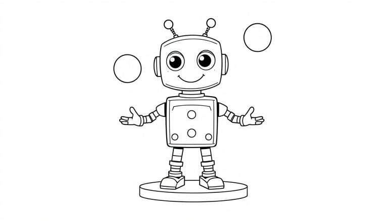 Un robot amigable con una placa de color haciendo malabares con tres círculos.