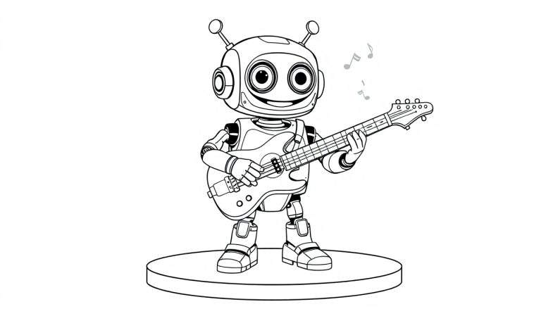 Placa de color: robot amigable tocando guitarra eléctrica