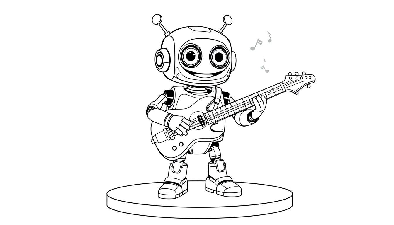 Placa de color: robot amigable tocando guitarra eléctrica