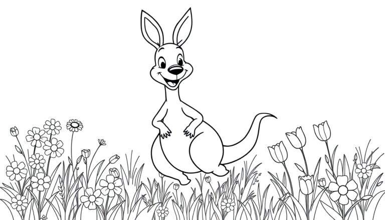 Un dibujo en blanco y negro de un canguro sonriente en un campo de flores, una placa de color para niños.