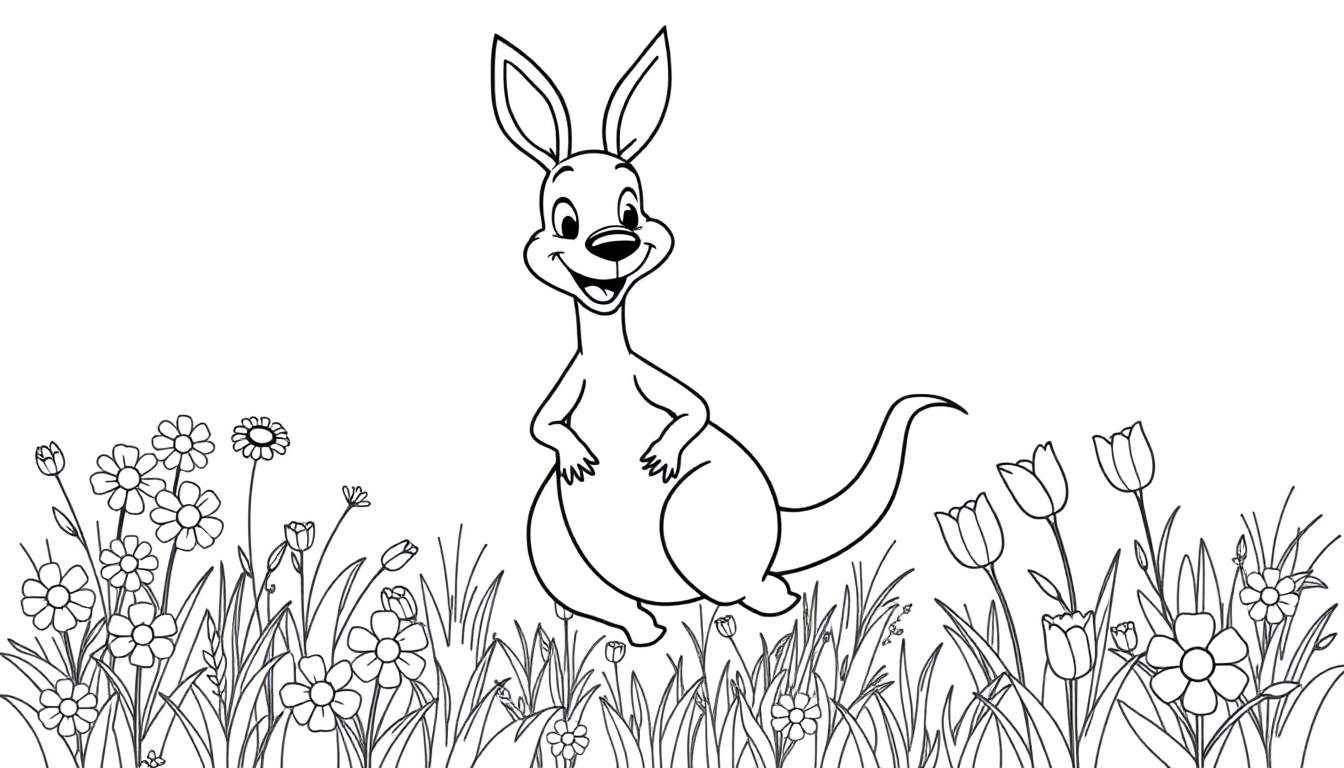 Un dibujo en blanco y negro de un canguro sonriente en un campo de flores, una placa de color para niños.