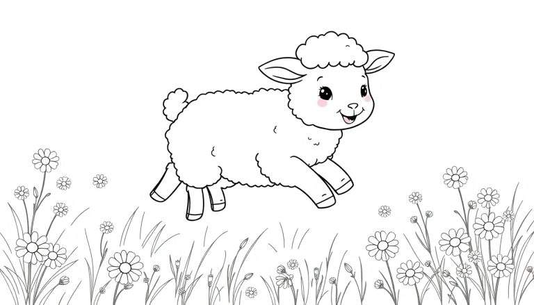 Un dibujo lineal en blanco y negro de un corderito lanudo saltando alegremente en un prado de flores para colorear en la placa de color.