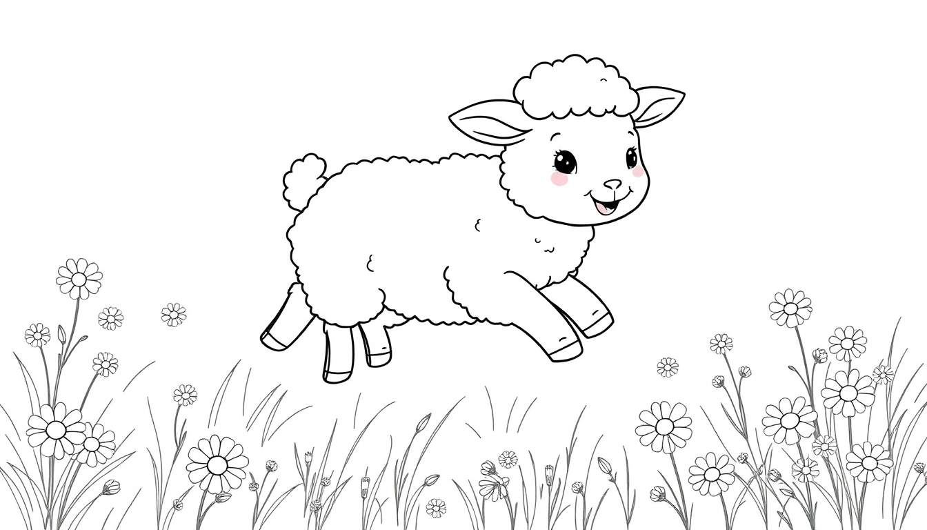 Un dibujo lineal en blanco y negro de un corderito lanudo saltando alegremente en un prado de flores para colorear en la placa de color.