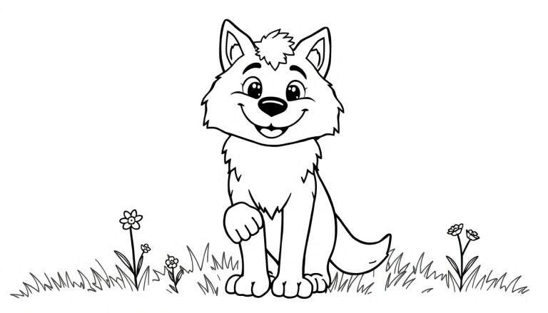 Placa de color de un lobo amistoso sonriendo en un campo de hierba con flores.