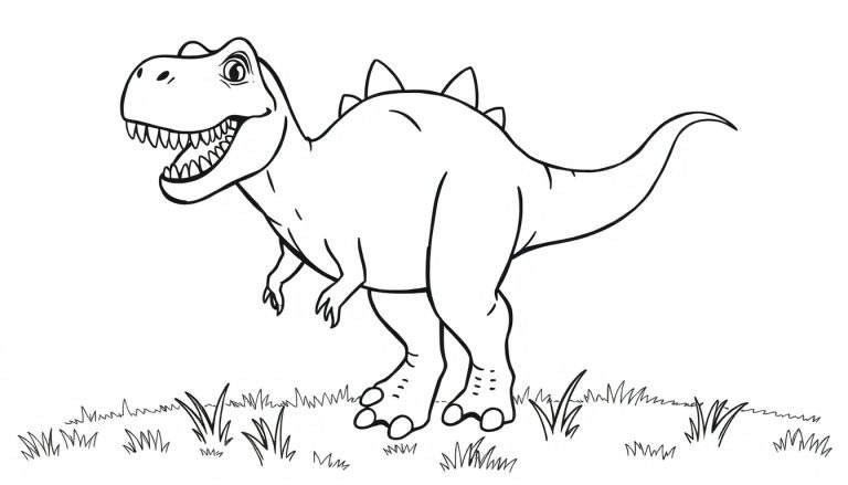 Placa de color de un T-Rex caricaturesco sonriendo con dientes afilados.