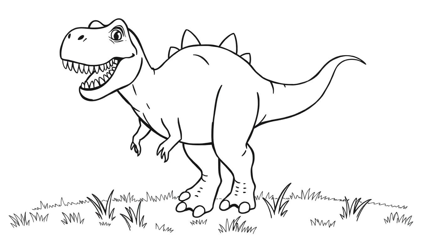 Placa de color de un T-Rex caricaturesco sonriendo con dientes afilados.