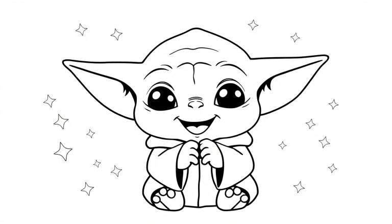 Placa de color de Baby Yoda sonriendo rodeado de estrellas.