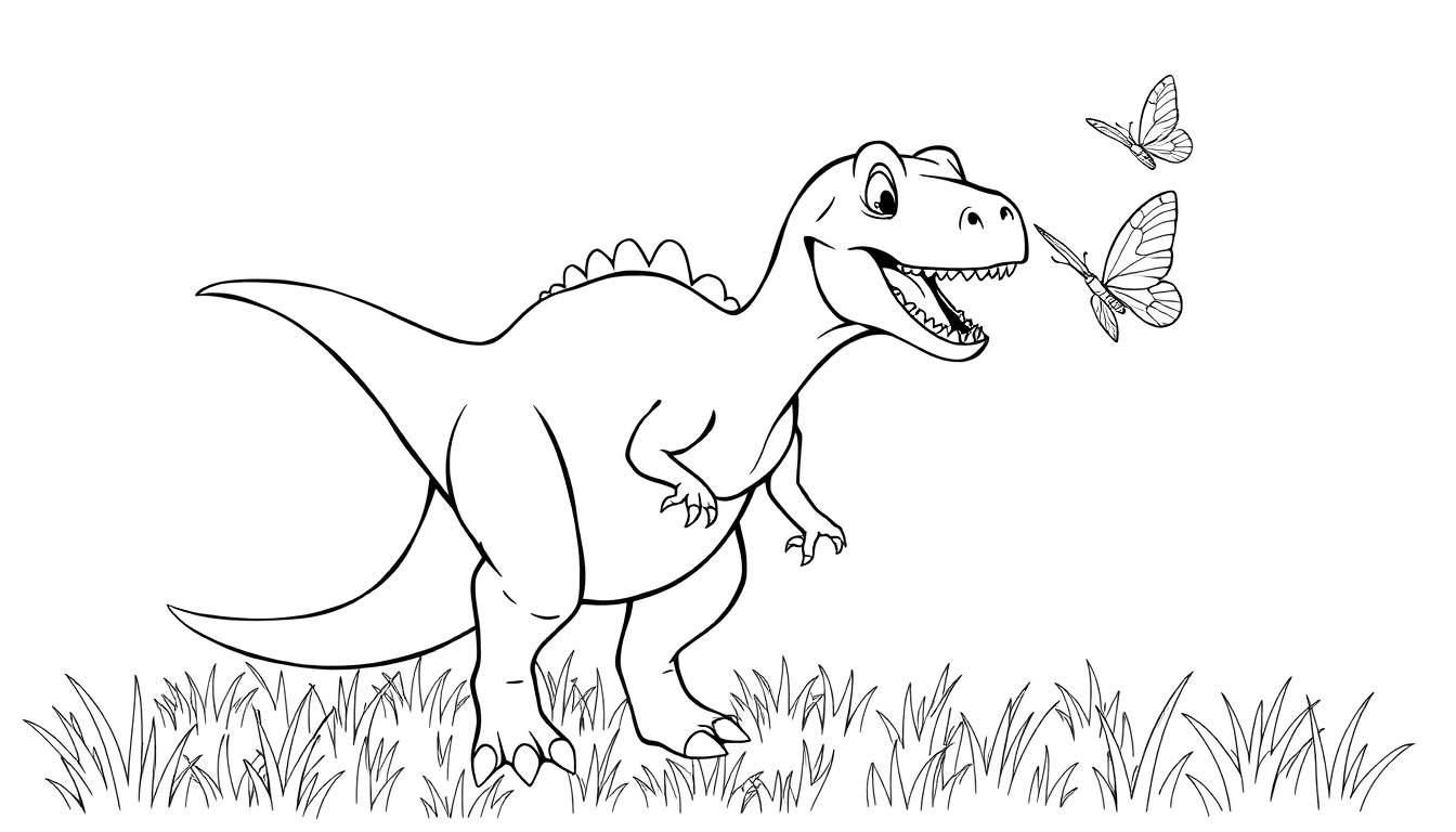 Placa de color de un dinosaurio T-Rex amigable sonriendo a mariposas.