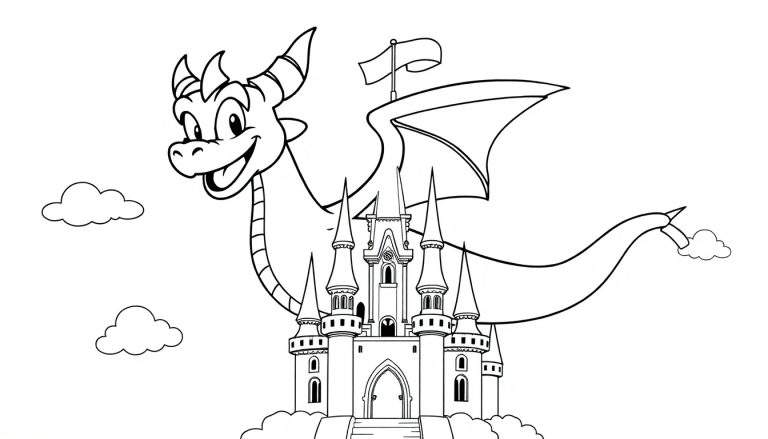 Placa de color con un dibujo de Spyro el dragón sonriente volando sobre un castillo en las nubes.