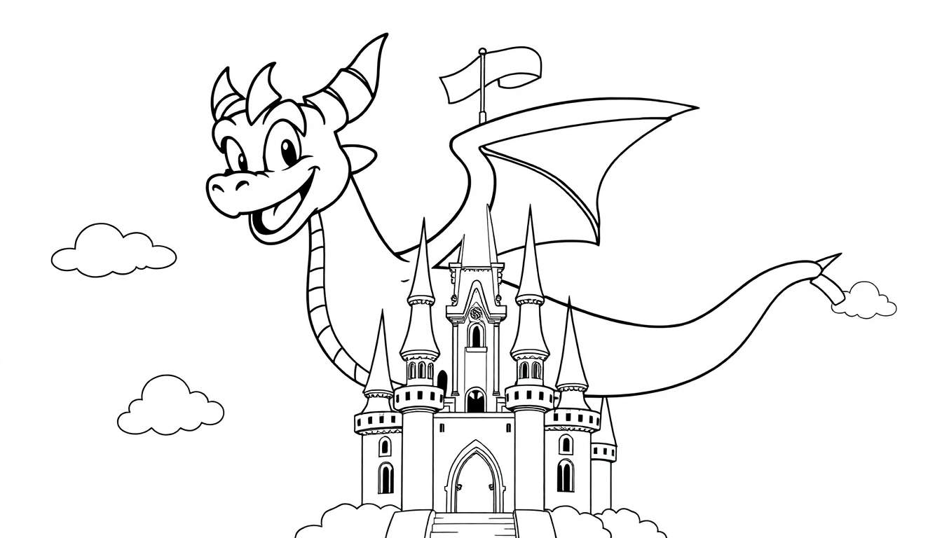 Placa de color con un dibujo de Spyro el dragón sonriente volando sobre un castillo en las nubes.