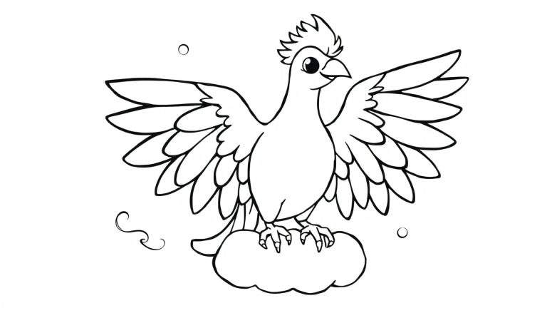Placa de color de un pájaro amigable de dibujos animados posado en una nube con alas extendidas.