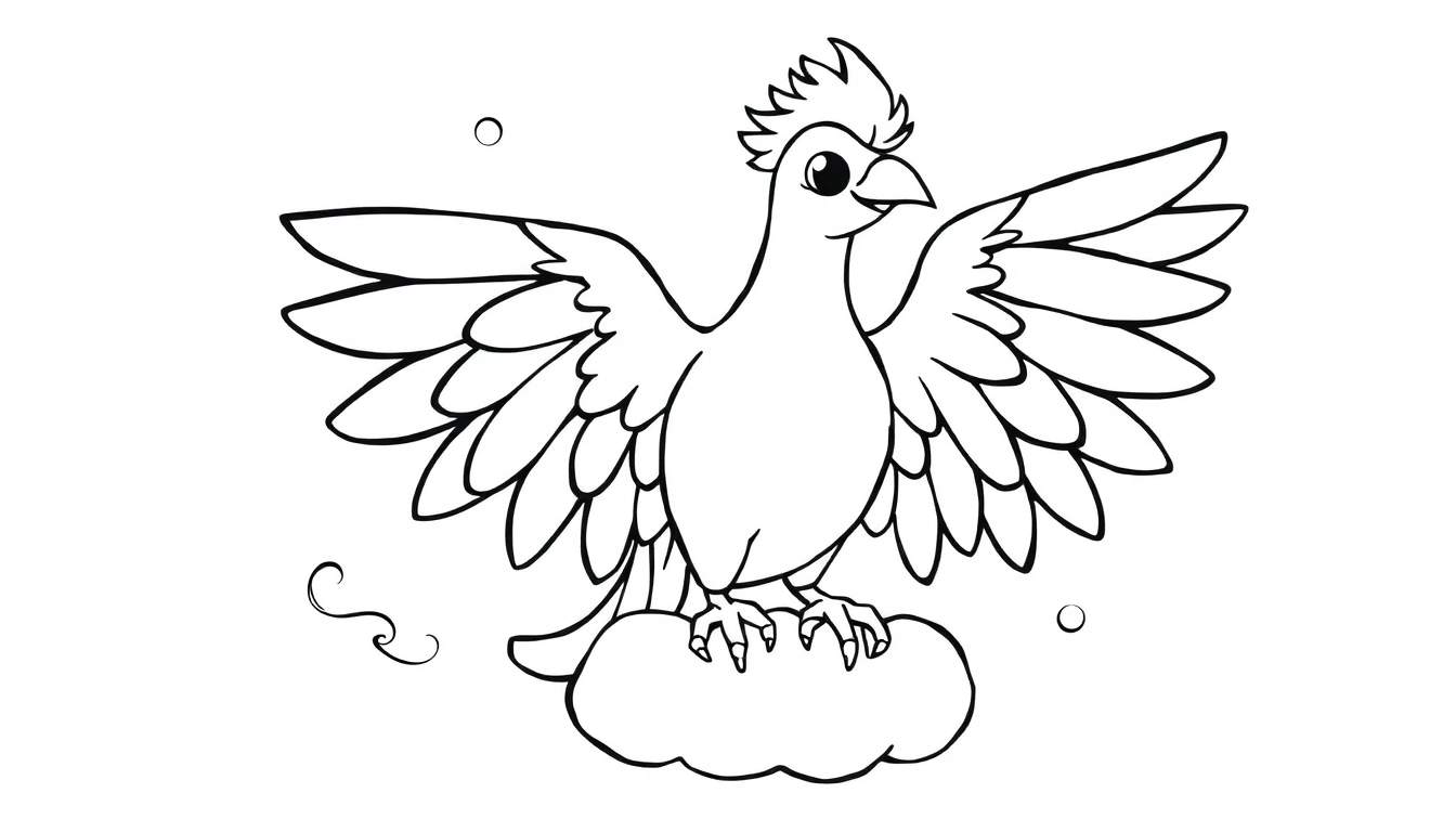 Placa de color de un pájaro amigable de dibujos animados posado en una nube con alas extendidas.