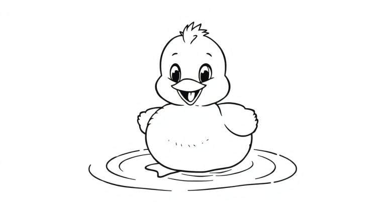 Un pollito de dibujos animados feliz en una charca, listo para colorear, en una placa de color.