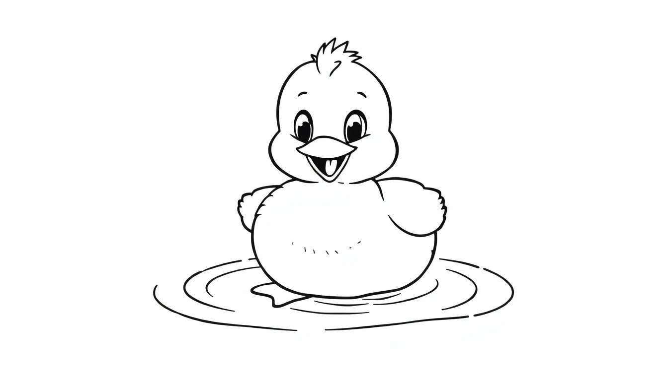 Un pollito de dibujos animados feliz en una charca, listo para colorear, en una placa de color.