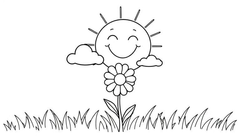 Placa de color de un sol sonriente, nubes y una flor.