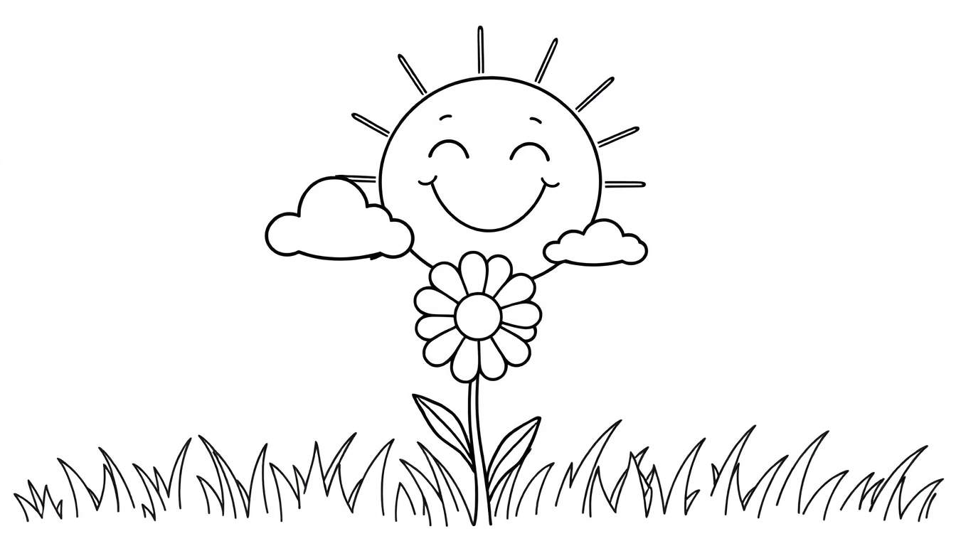 Placa de color de un sol sonriente, nubes y una flor.