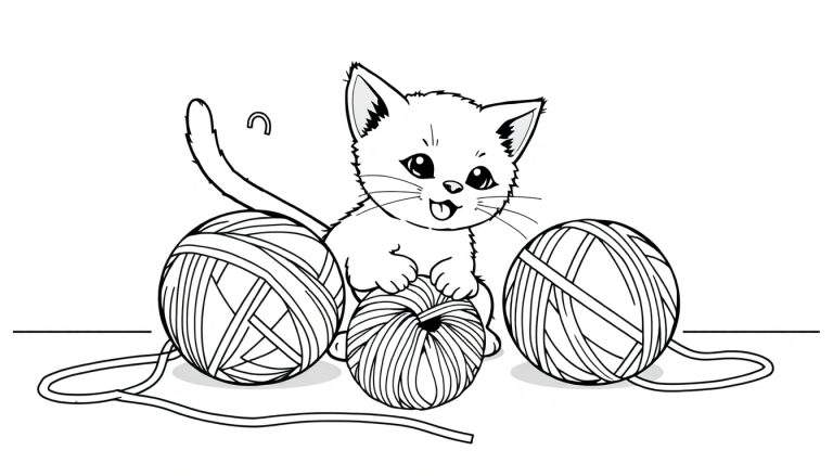 Placa de color: un gatito adorable jugando con ovillos de lana.