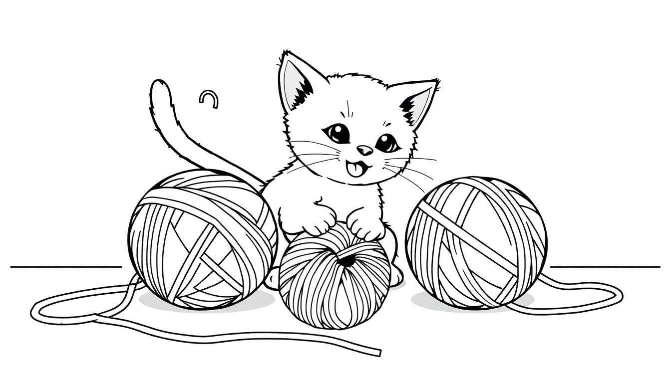 Placa de color: un gatito adorable jugando con ovillos de lana.
