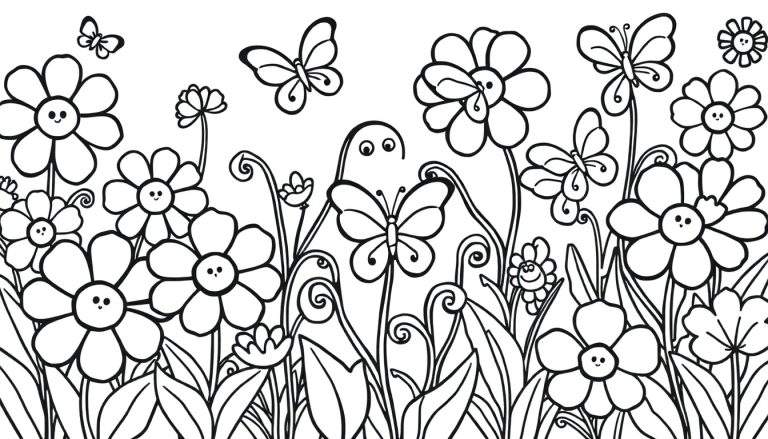Placa de color de un jardín con flores sonrientes y mariposas.